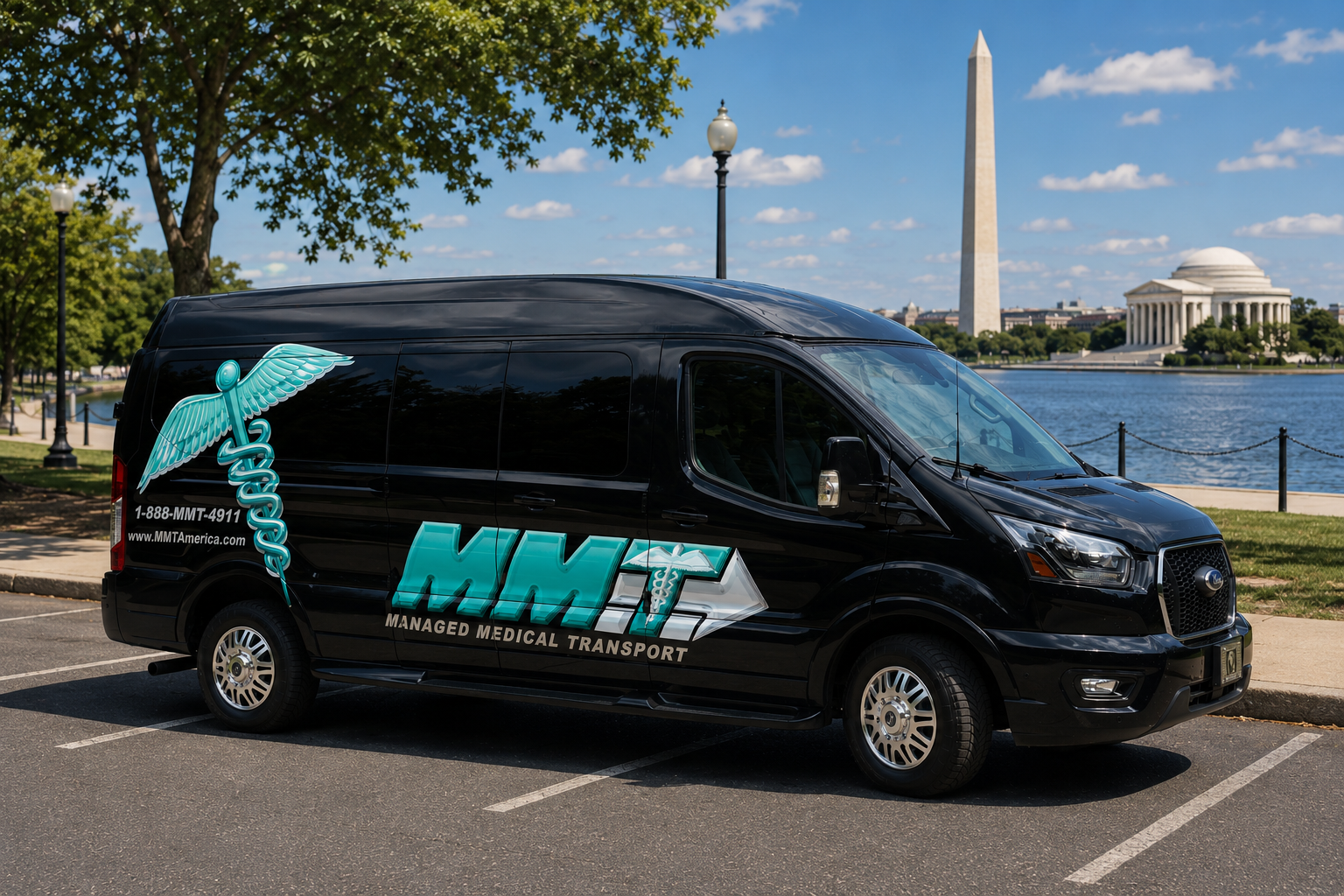 The image features a compact van, which is a common type of vehicle used in managed medical transport services. This vehicle is essential for providing efficient and reliable long-distance transport for patients, ensuring they receive the care they need.
