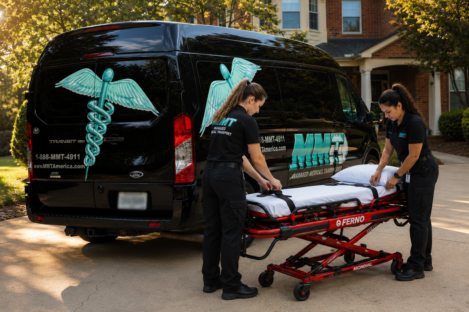 The image features a compact van prominently displaying the Managed Medical Transport, Inc. logo, emphasizing its role in long-distance medical transport services. This vehicle is designed for safe and efficient transportation of patients, showcasing the company's commitment to reliable service.